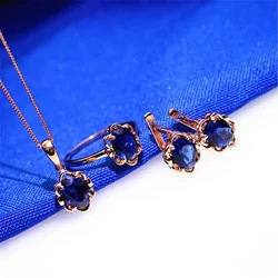 Plated 14K Rose Gold Inlaid Sapphire Flower Rings for Women Open Elegant High End Engagement Party Jewelry