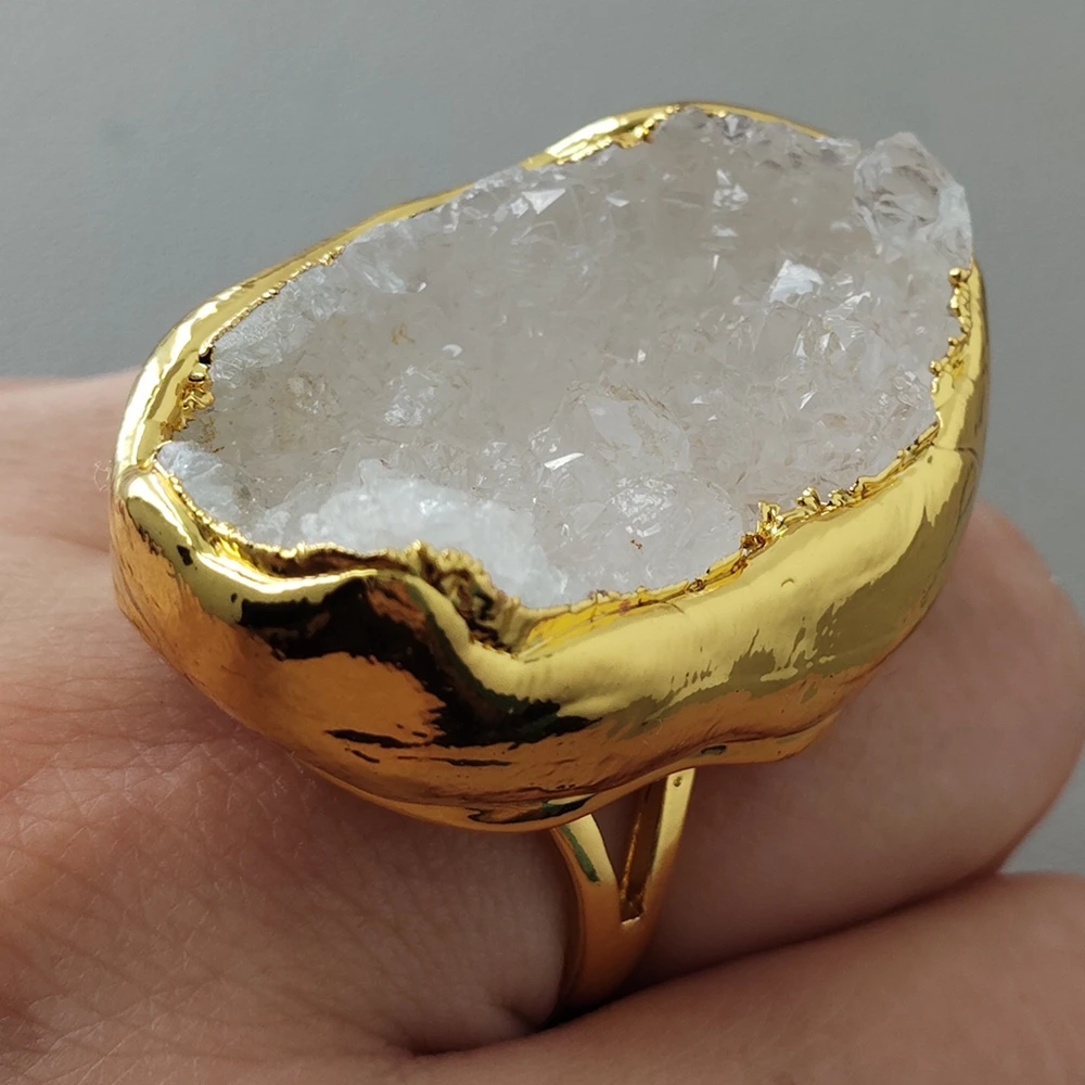 

Y·YING Natural Agate Druzy Rings Raw Crystal Quartz Geode Band Ring Party Jewelry