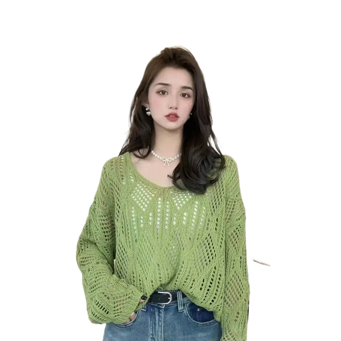 2023 New Spring Summer Hollow Out Knitwear Women Sweater Thin Top Versatile Underlay Pullover Oversize Women Long Sleeve Top