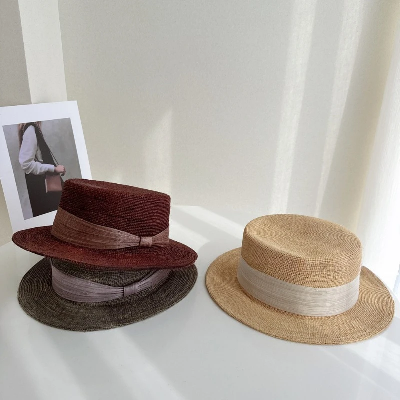 Classic Natural Straw Panama Fedora Hat for Women Wide Brim Summer Sun Hat with Bow Vintage Breathable Beach Cap