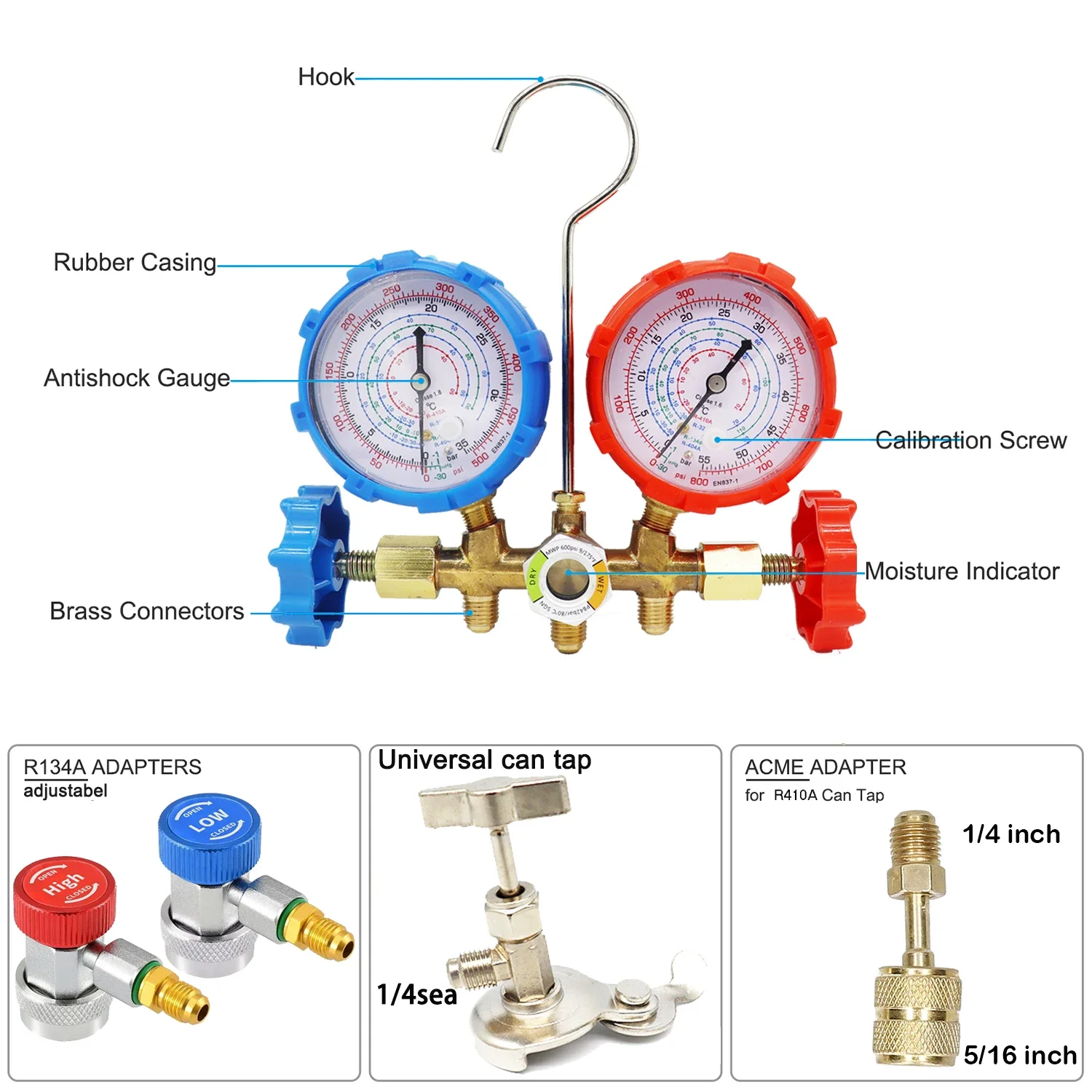 Miernik oznaczony R410A R404A R134A Miernik kolektora czynnika chłodniczego Klimatyzacja Zestaw chłodniczy Narzędzia klimatyzacyjne Hak węża