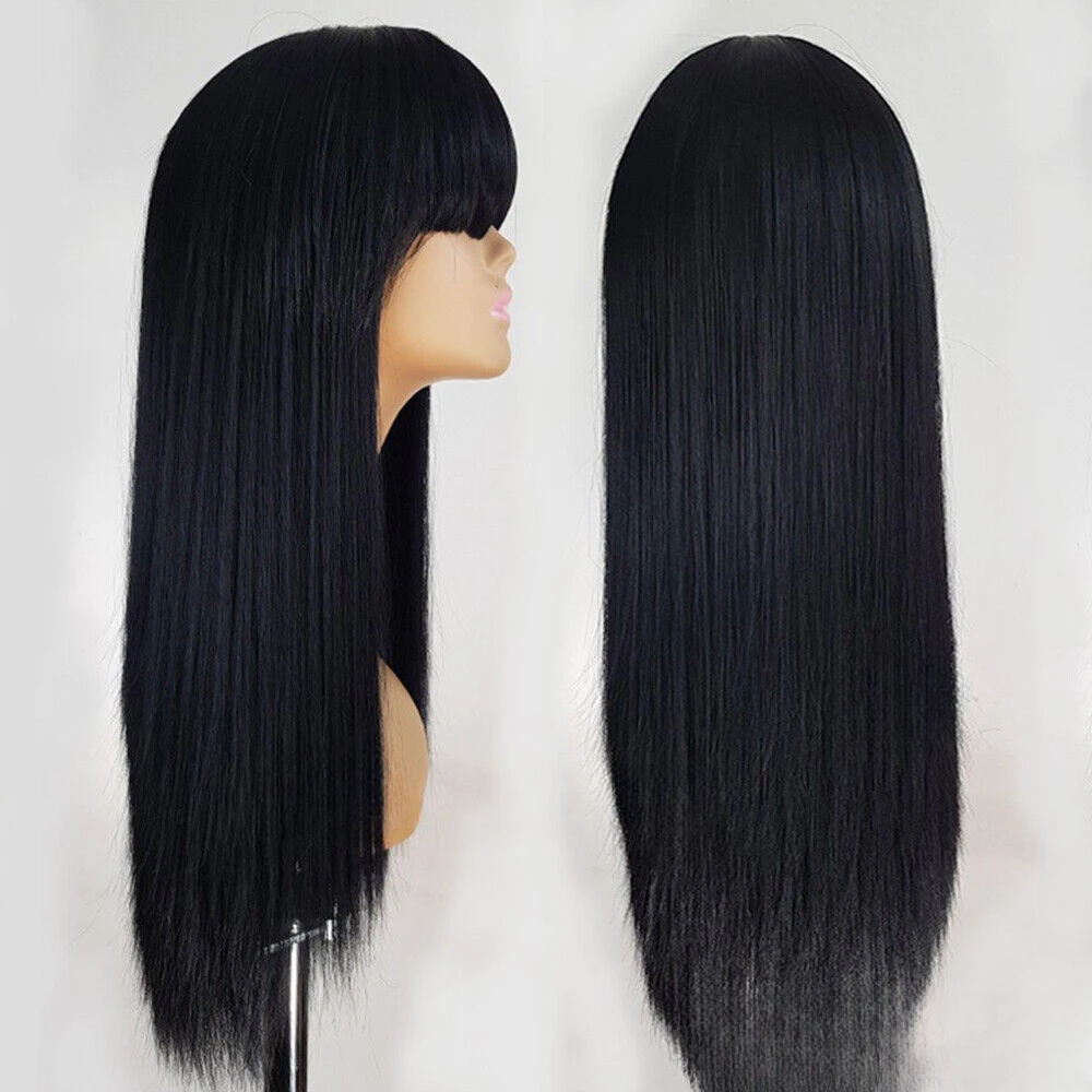 Long Silky Straight Black  Heat Resistant Synthetic Wigs with Bangs Cosplay