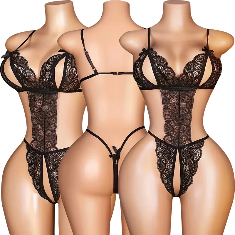 Sexy Crotchless Nightgowns Erotic Lingerie Women Lace Bowknot Hollow Nighties Deep V Open Bra Pajamas Teddy Baby Doll Nightdress