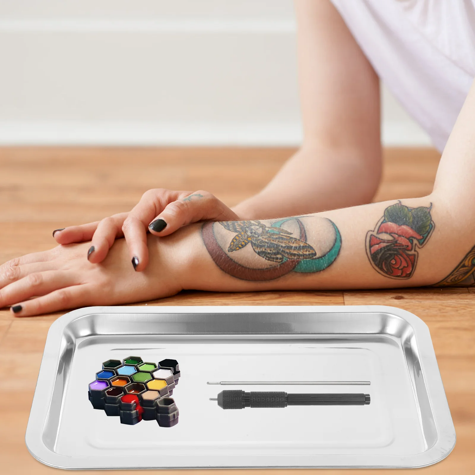 Bandeja de acero inoxidable para tatuaje, suministros para tatuaje, placa de estación de mesa, herramienta plana mediana, 2 uds.