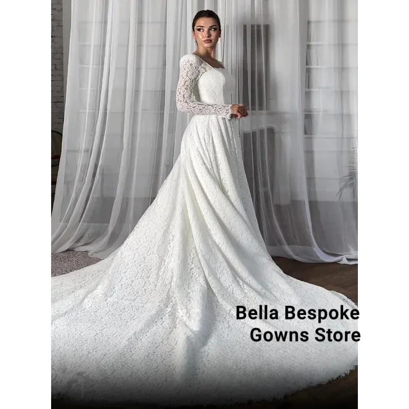 Gorące arabskie suknie ślubne dla kobiet, szyte na miarę, z długim rękawem, kwadratowym dekoltem, trenem kaplicznym, koronkowe suknie ślubne dla muzułmanek, suknia ślubna.