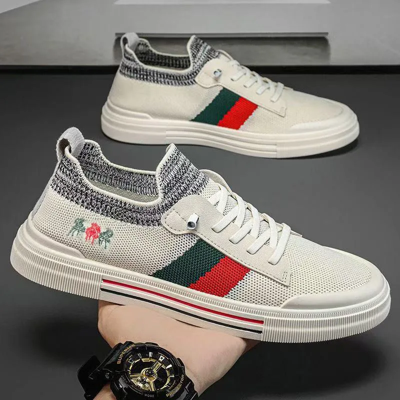 

Men's Fashion Mesh Sneakers, Beige Green Red Stripe Embroidered Casual Shoes, Breathable Lightweight Non-slip Walking Shoes