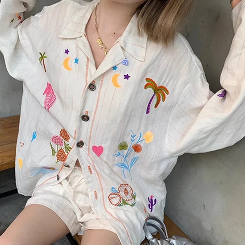 Comfortable Linen Cotton Embroidery Blouse Button Up Shirt for Women Girls Chic Fairy Flower Kawaii Long Sleeve Top Loose Casual