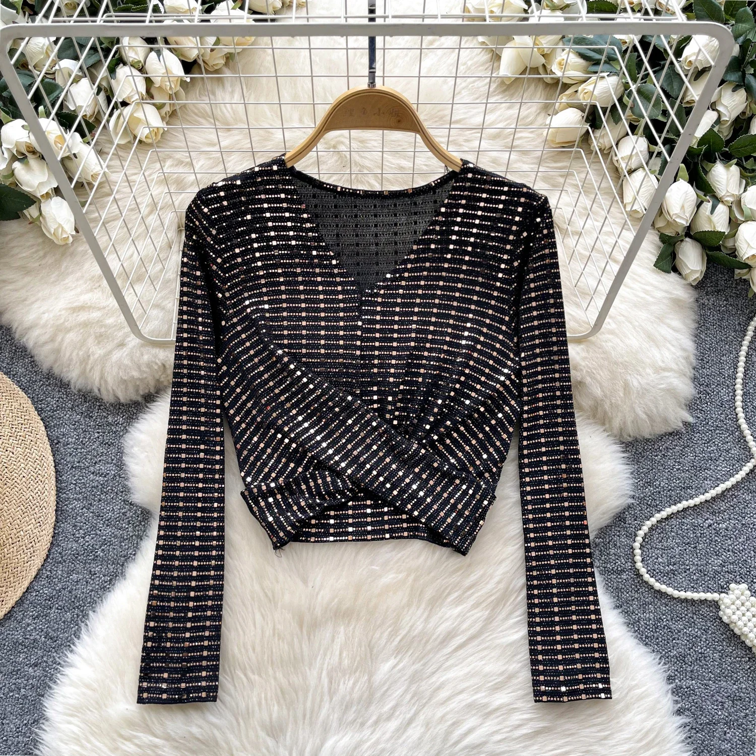 Vintage V-neck Elegant Rhinestone Chic Long Sleeve Slim Criss-Cross Top Women Korean Fashion Streetwear High Street Autumn Shirt