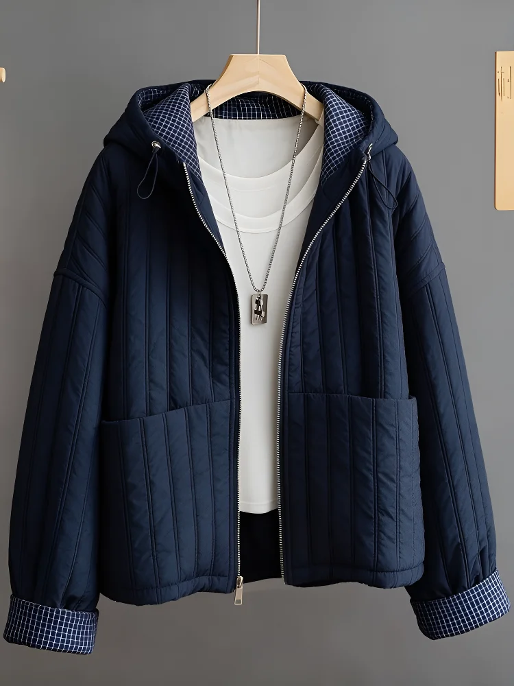 Young Stylish Quilted Cotton Jacket Women's Loose Fit Hooded Lightweight Autumn Winter Coat Casual Comfortable Polyester Fabric