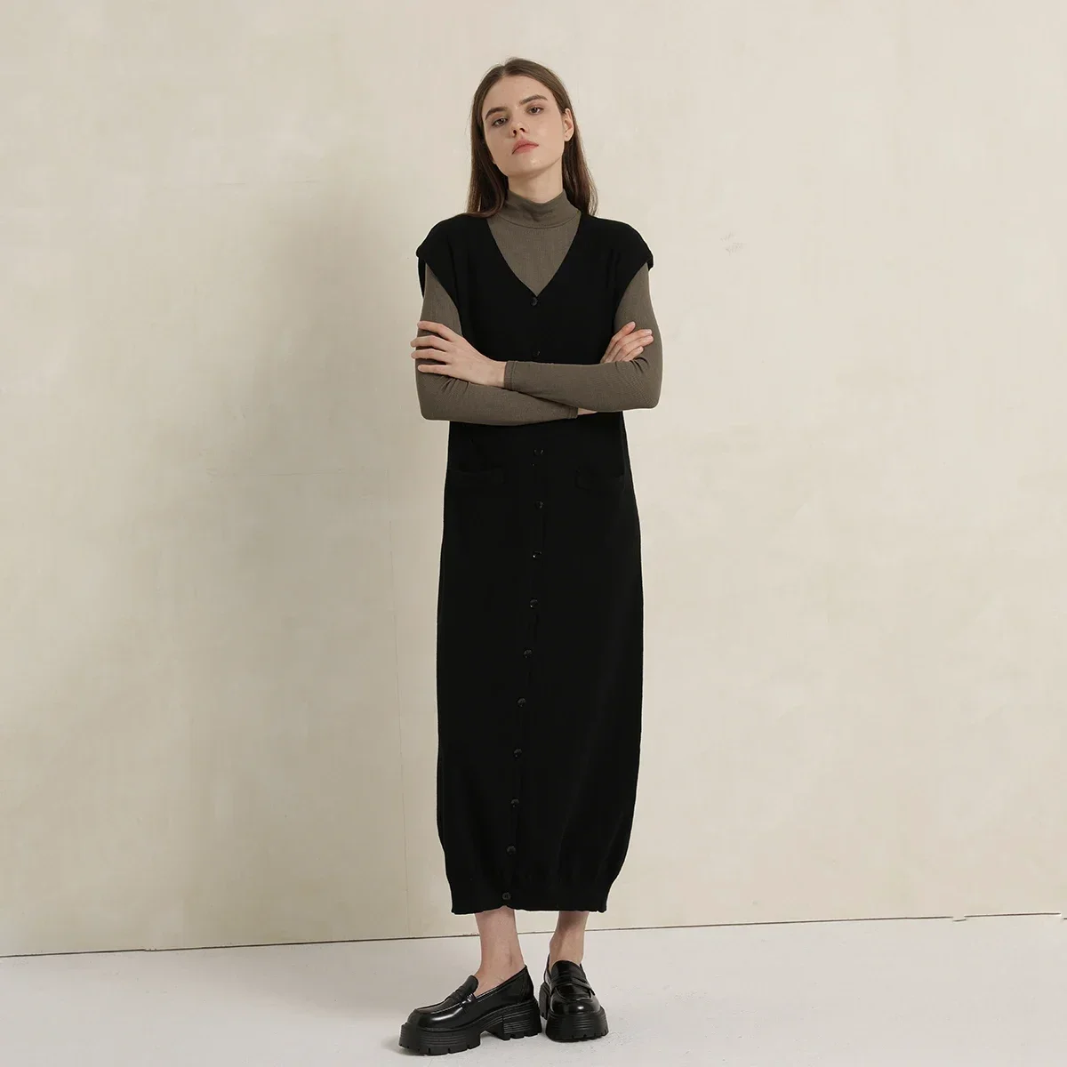 AP Sweater Maxi Women Dress Wool 2024 Fall Women Black Dress Lady Clothes Sleeveless Dress Buttons, #2008