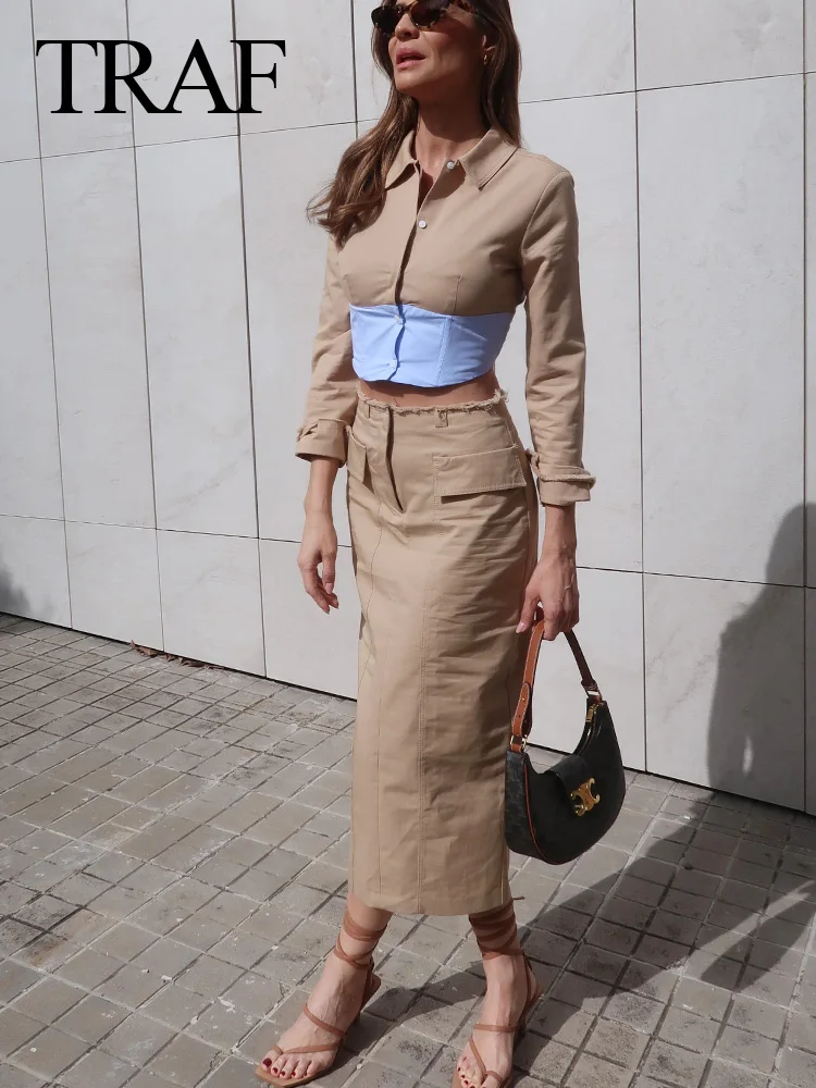 TRAF 2024 Spring Fashion Women\'s Khaki Long Sleeve Cardigan Shirt + Zipper Slit High Waist Straight Long Skirts Female Skirt Set