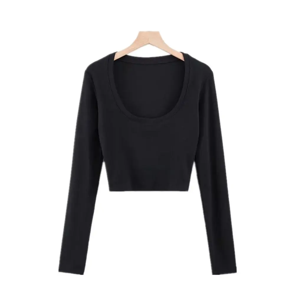 

Spring Autumn Women's Slim Fit Solid Color U-Neck Long Sleeve Knitted T-Shirt High Waist Navel Top for Casual Wear