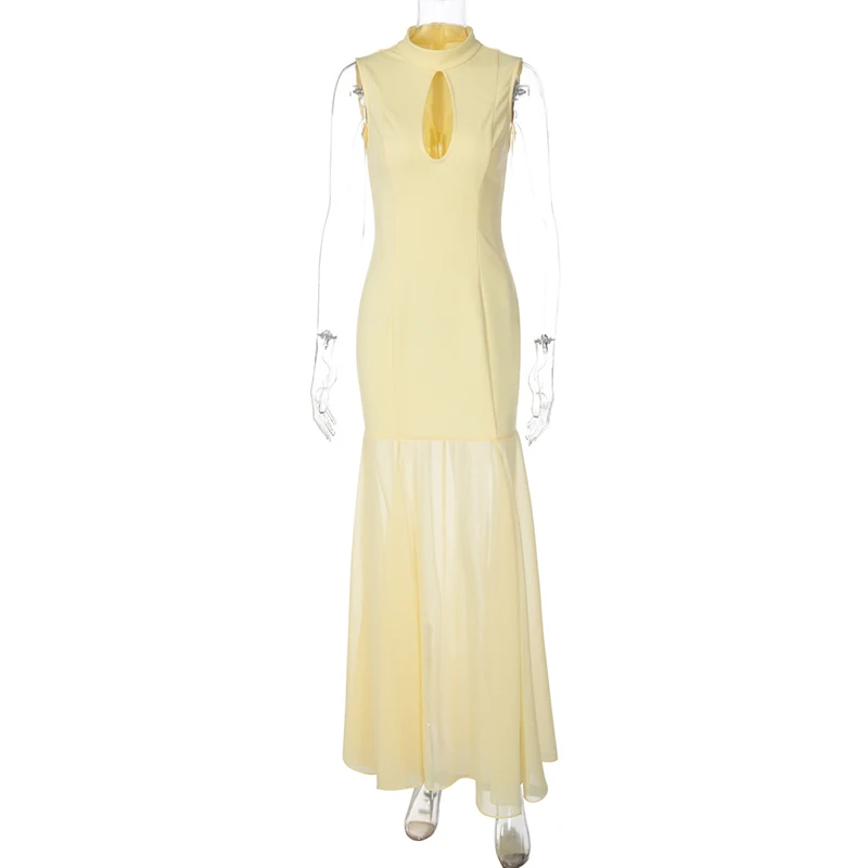 TARUXY Seksowna Sukienka z Wycięciami Elegancka Letnia Nowa Moda Bez Rękawów Szyfonowa Sukienka z Wstawkami Jednolita Długa Sukienka Damska na Imprezę