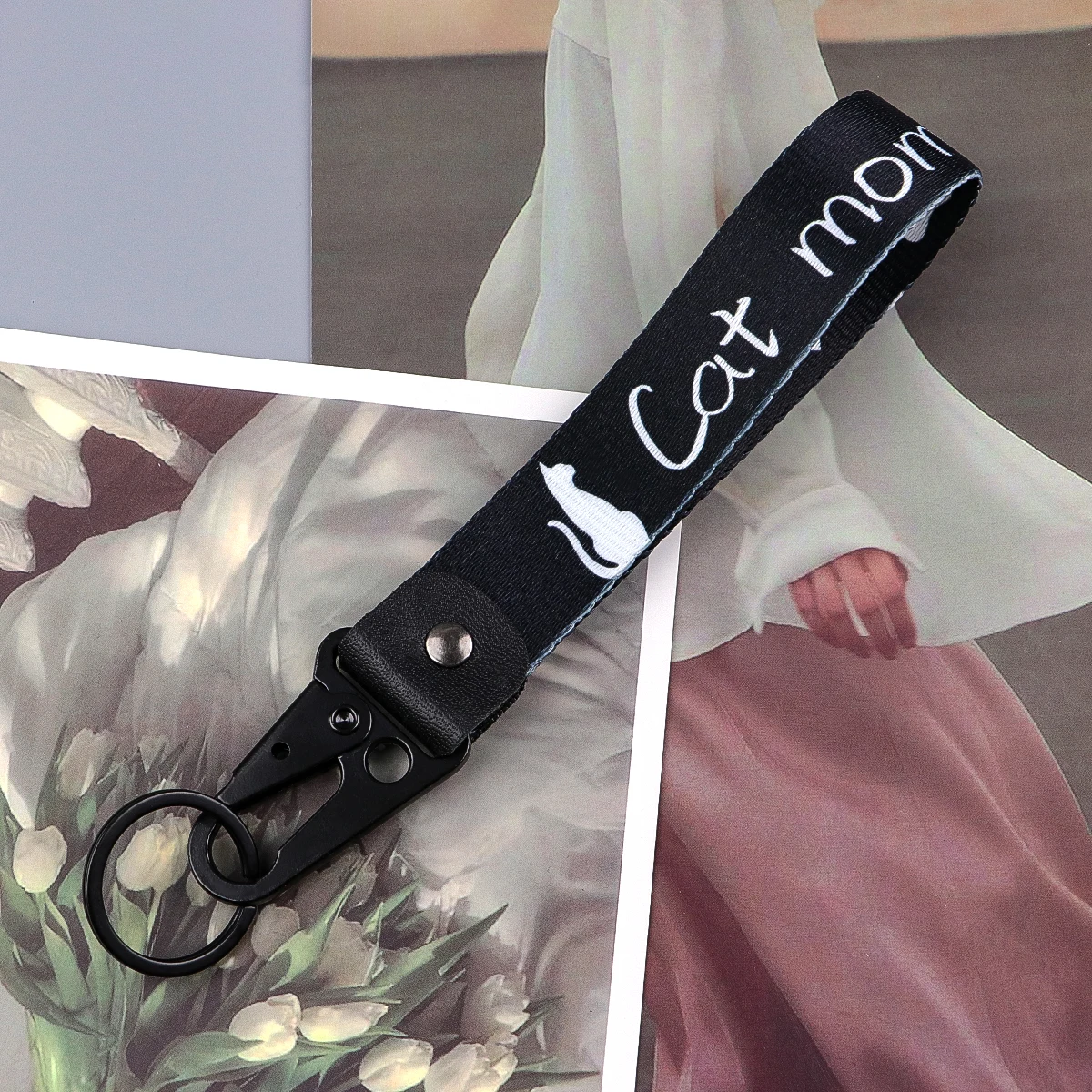 خمر الزهور نمط المفاتيح القط الأسود المفاتيح للنساء الرجال حلقات المفاتيح الفن قصيرة الحبل العلامات الرئيسية تأثيري اكسسوارات الهدايا #2