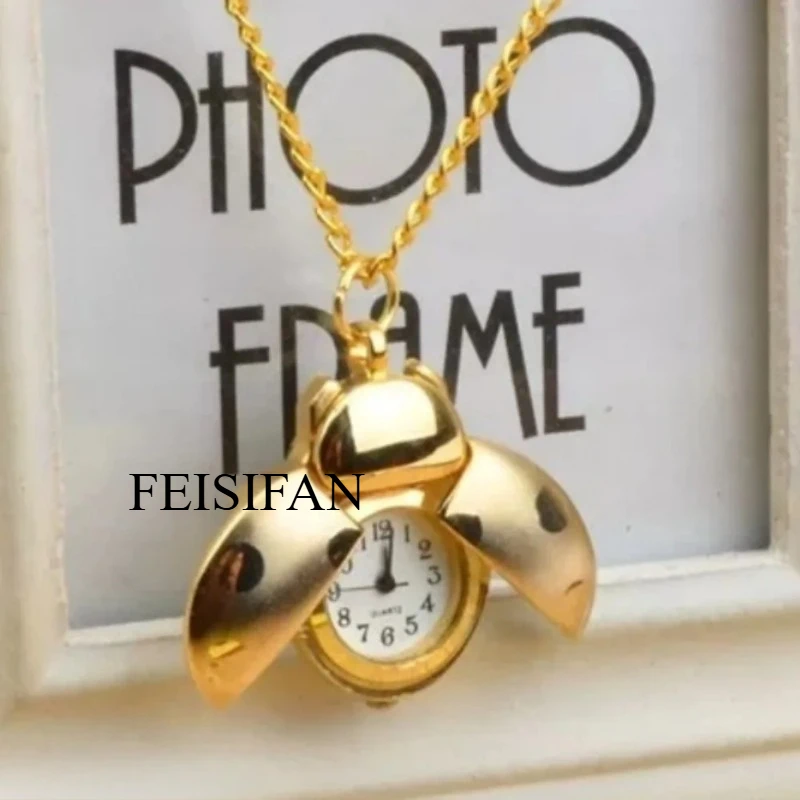 Lightweight Cute Golden Beetle Shaped Pocket Watch Ladybug Pendant Necklace With Chain Fashion Ornament Clock For Kids Adults