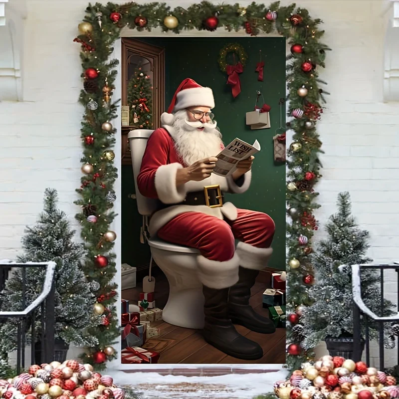 2D flach, 1 lustiger Weihnachtsmann, der auf der Toilette sitzt. Weihnachtstürflagge – Polyester für die Dekoration der Innen-/Urlaubsveranda