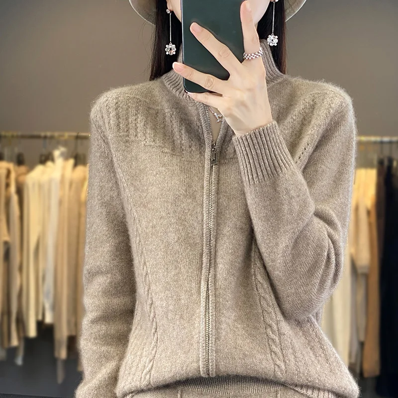 Standing Collar Sweater Women\'s 100% Merino Wool Clothing Cardigan Autumn/Winter Warm Long Sleeve Top Fashion Knitted Loose Jack