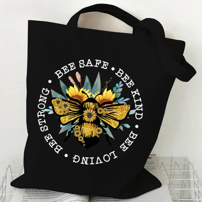 Queen Bee Flower Tote Handbag Black Canvas Handbag Student Single Shoulder Bag Gift Large Shopping Bag Canvas Cosmetic Bag