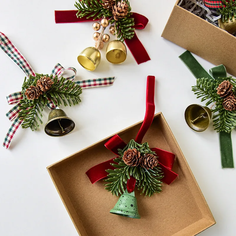 Christmas Pendant Bells With Bows And Pine Cones Xmas Tree Hanging Pendant Christmas Tree Pine Cone Scene Decoration