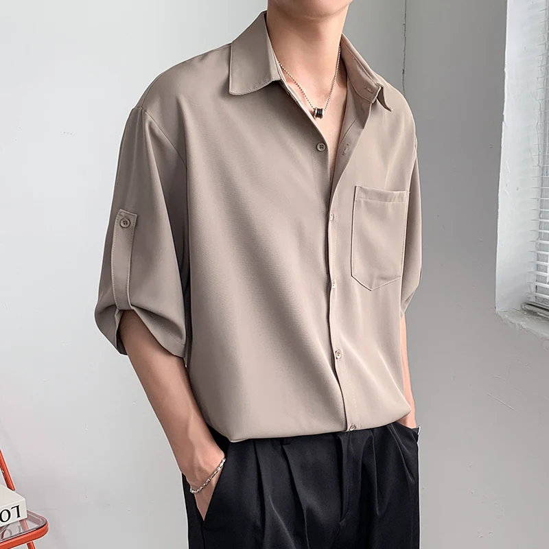 

Summer Ice Silk Men's Short Sleeve Shirt Pure Color BF Trendy Handsome Seven Sleeve Length Loose Fit Youth Popular Casual Shirt