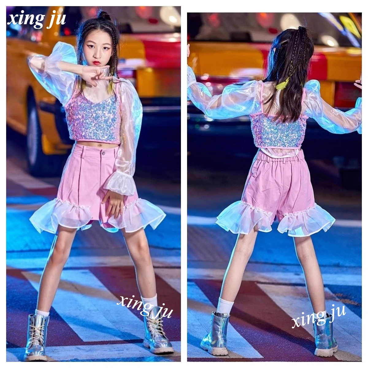 

Детский костюм для джазового танца для девочек, жилет на бретельках с блестками для уличных танцев, прозрачные топы, лоскутная юбка в стиле хип-хоп, детская одежда для сценического шоу