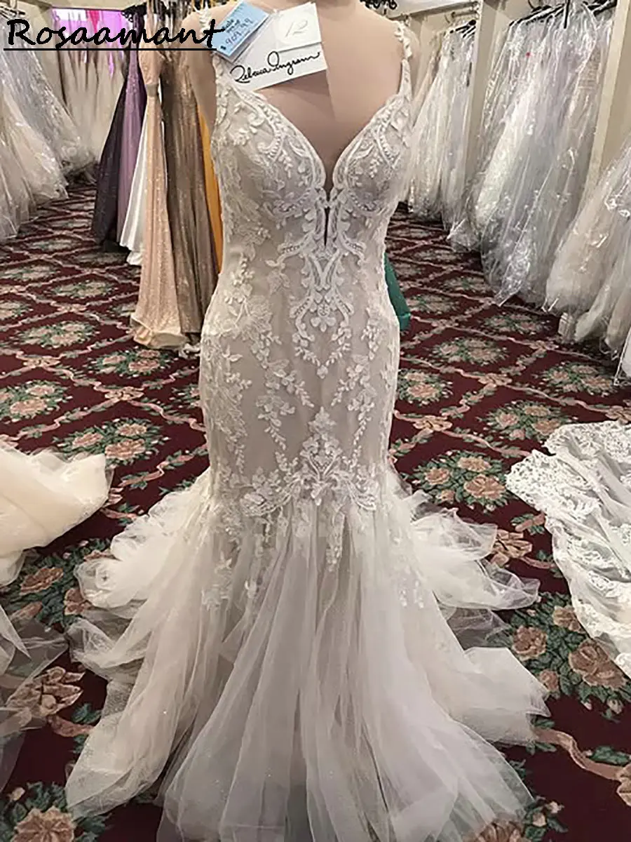 

Newest Spaghetti Straps Mermaid Wedding Dresses Illusion Back Appliques Lace Country Bridal Gowns
