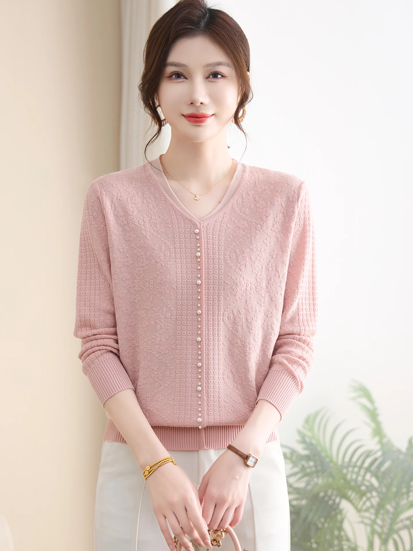 

Осенний тонкий вязаный свитер с V-образным вырезом, однотонный, базовый, повседневный, универсальный, для среднего возраста, с бахромой, с длинными рукавами, термо.