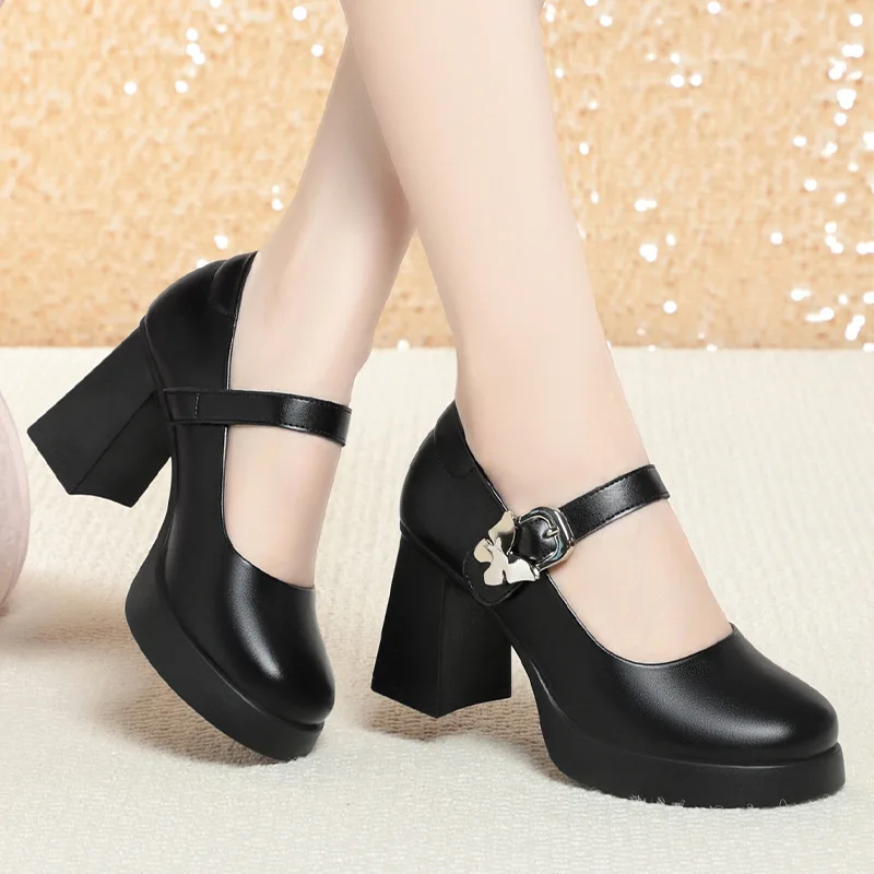 

8cm Fashion Block High Heels Shoes Women Mary Janes Spring 2024 Shallow Ankle Buckle Platform Pumps for Dance Office Model Mom