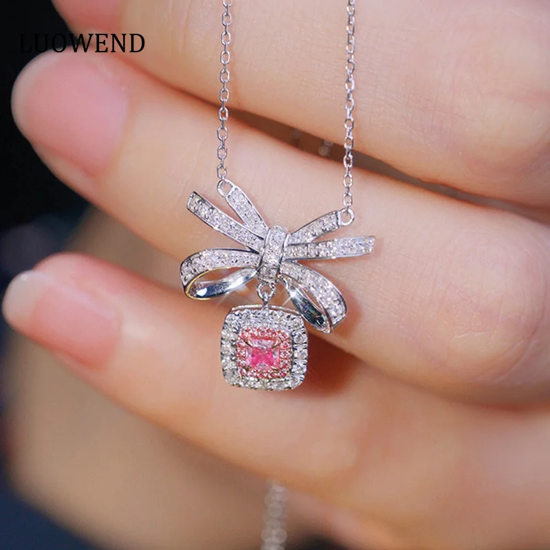 LUOWEND 18K White Gold Necklace Real Natural Pink Diamond Pendant Necklace for Women High Wedding Jewelry Luxury Bowknot Design