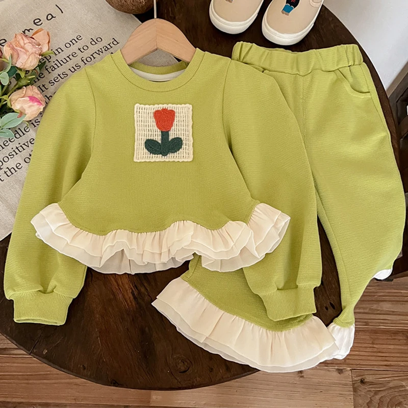 Spring Autumn New Baby Girls Clothing Set Flower Lace Border Full Sleeve Shirt+Pants 2Pcs Suit For 3-8Y Kids Fashion Outfit