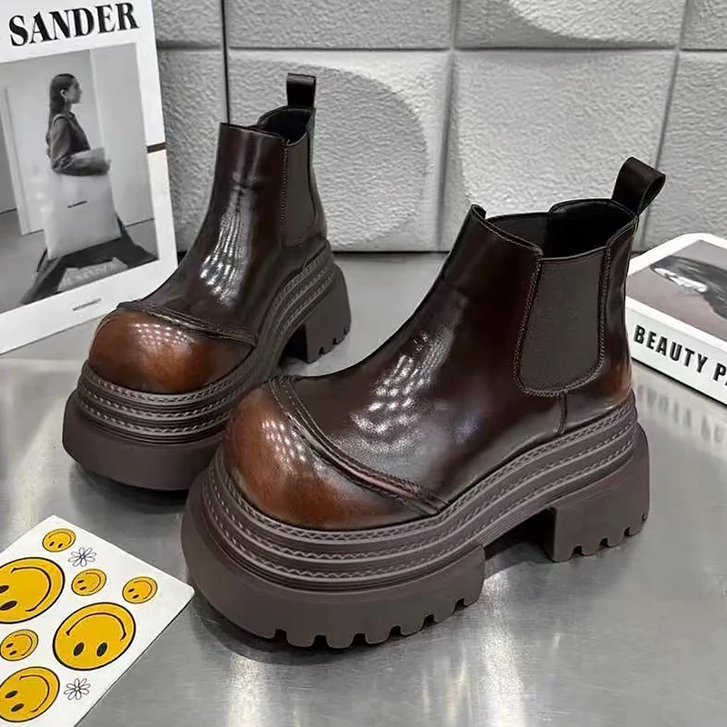 

2025 New Women's Boots Retro Hand Rubbing Platform Elastic Chelsea Botas Fashion Heightening Big Head design Ankle Boots