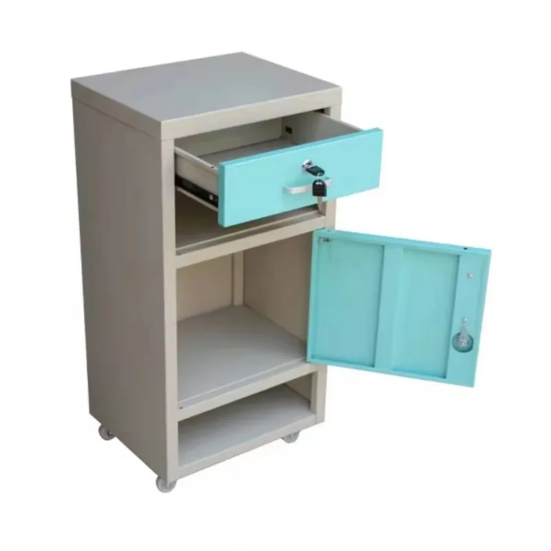 Furnished metal bedside tables with drawers and a tower hanger hospital bedside table