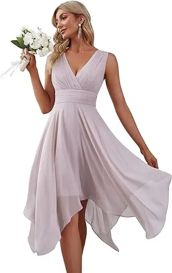 

Women's pleated waist sleeveless wedding guest dress chiffon irregular hem cocktail evening dress party sexy temperament elegant