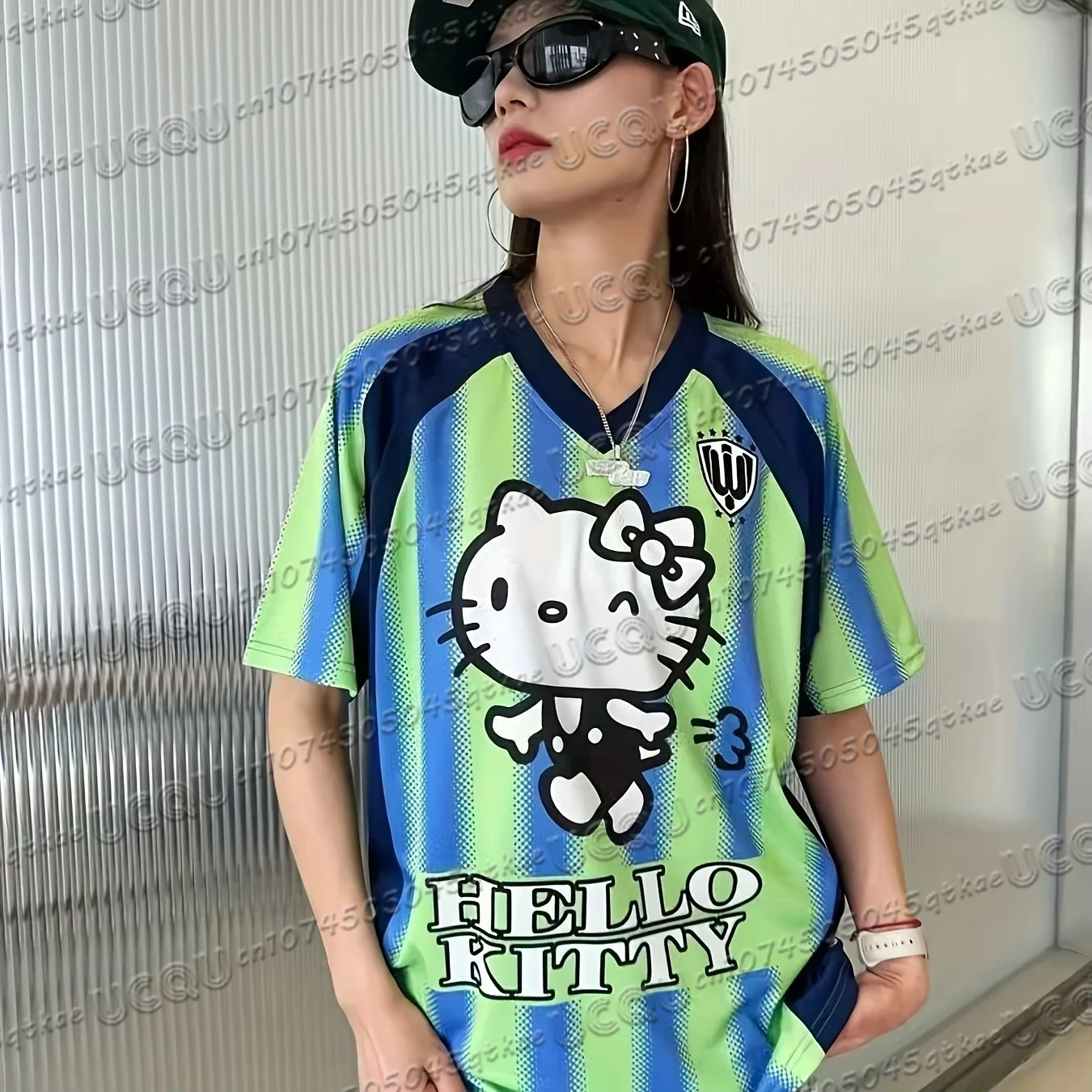 New Hello Kitty Basketball Sports T-shirt Summer Women's Fashion StreetWear V-neck Loose 3D Printed Short Sleeve Y2K Casual Top