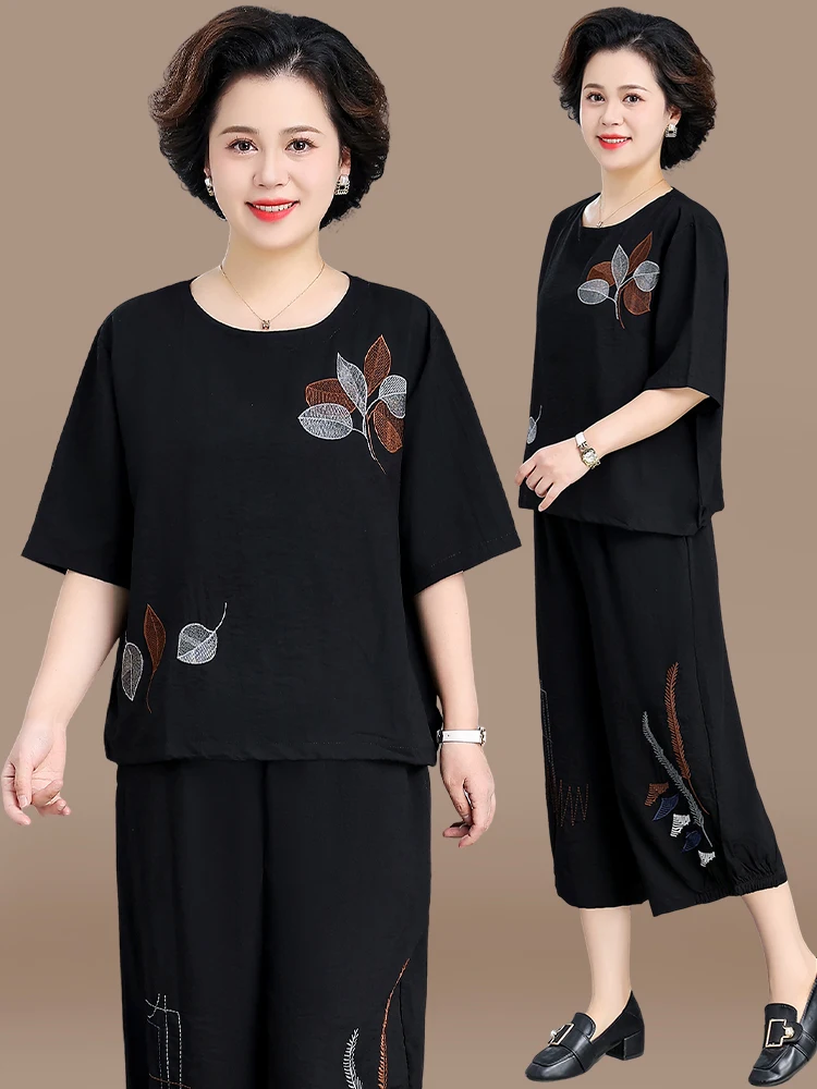 Summer Outfit Set 2025 New Sle Midi Sve Cotton Linen Two Piece Set for Middle Aged And ly Women Faionable And S...