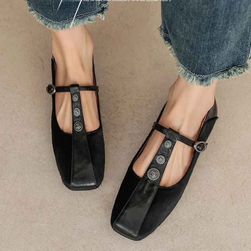 Zapatos Mary Jane con decoración de Metal de leopardo Retro para mujer, zapatos informales con punta cuadrada y hebilla a la moda, zapatos planos cómodos de cuero suave para mujer