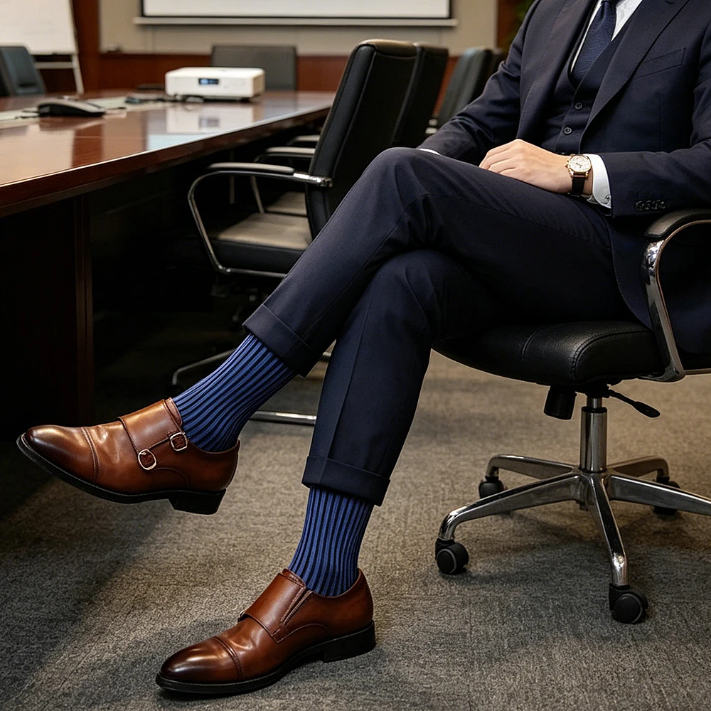 Men's Vertical Striped Dress Socks with Black Cuff Business Formal Mid-Calf Thin Sheer Socks for Leather Shoes Wedding Office