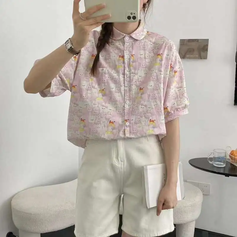 New Spring Cotton Loose Shirt Women Short Sleeve Pockets Cartton Printed Tops Mori Girl Sweet Casual Blouse 2024 Summer T45374QM