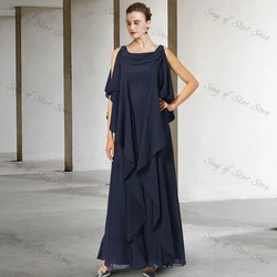 Vestido de gasa azul marino para madre de la novia, de línea a traje sencillo, volantes escalonados, lentejuelas, largo hasta el tobillo, ideal para mamá, invitados de fiesta de boda
