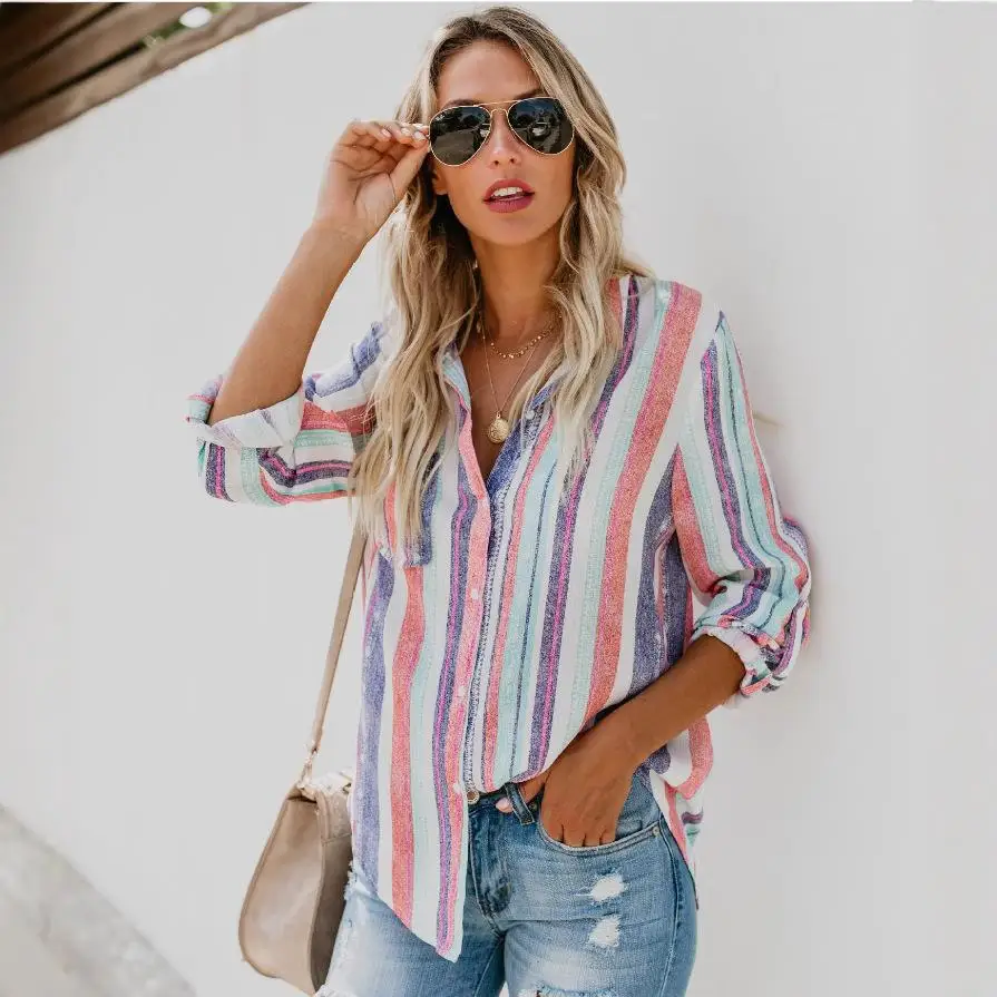 

Color Striped plus Size irt Ele Sle Loose Fit Long Sve Women's irt Resistant to Deformation Spring Collection