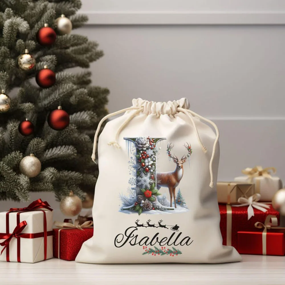 شخصية عيد الميلاد سانتا كيس اسم مخصص الأولي هدية عيد الميلاد حقيبة الحلوى كيس التخزين للأطفال عطلة الطرف الديكور