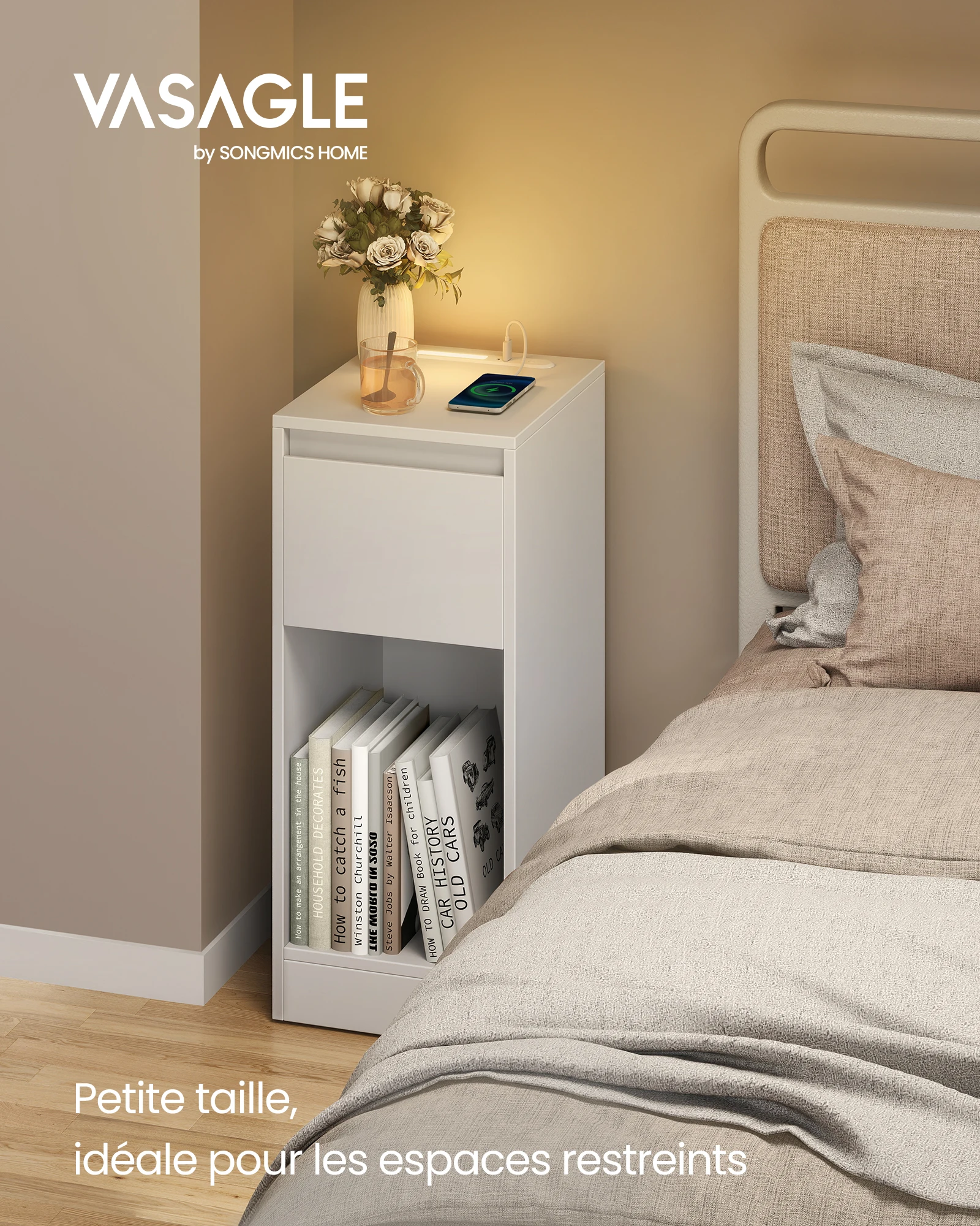 Table de Chevet Étroite, A l'unité/Lot de 2, Table d’Appoint, avec Éclairage LED, 1 Port USB-A, 1 Port USB-C, Tiroir et Compartiment Ouvert, pour Chambre, Salon