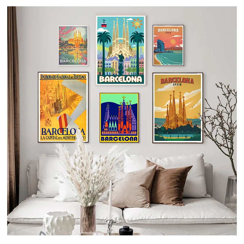 Travel Canvas Paintings Vintage Kraft Posters Coated Wall Stickers Home Decor Family Gift Europe Spain Barcelona Pop Art