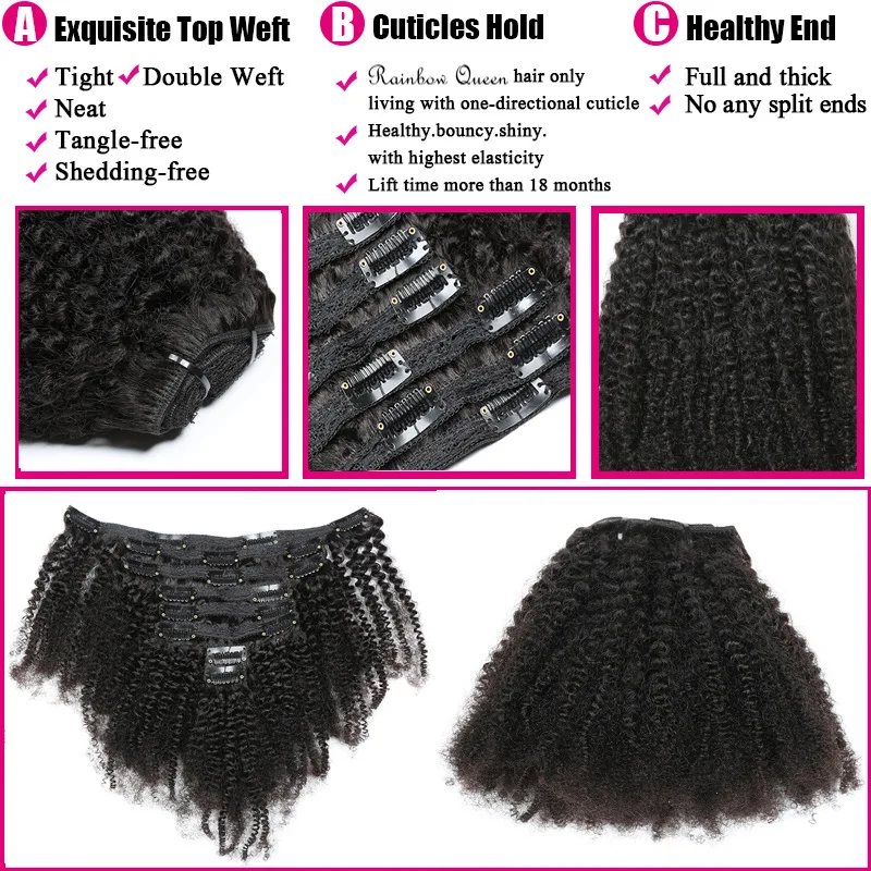 Clip nelle estensioni dei capelli capelli umani crespi ricci cuticola capelli Remy Clip ricci profondi Ins 8 pz/set 100g testa piena naturale nero 1B
