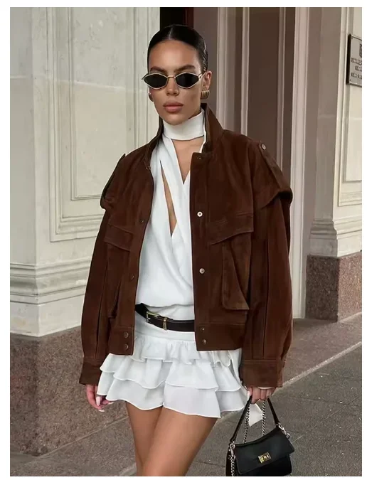 

Women's Autumn Winter Suede Jacket Short Coats Fashion Long Sleeve Single-breasted Jacket lady Casual Loose Outerwears Overcoat