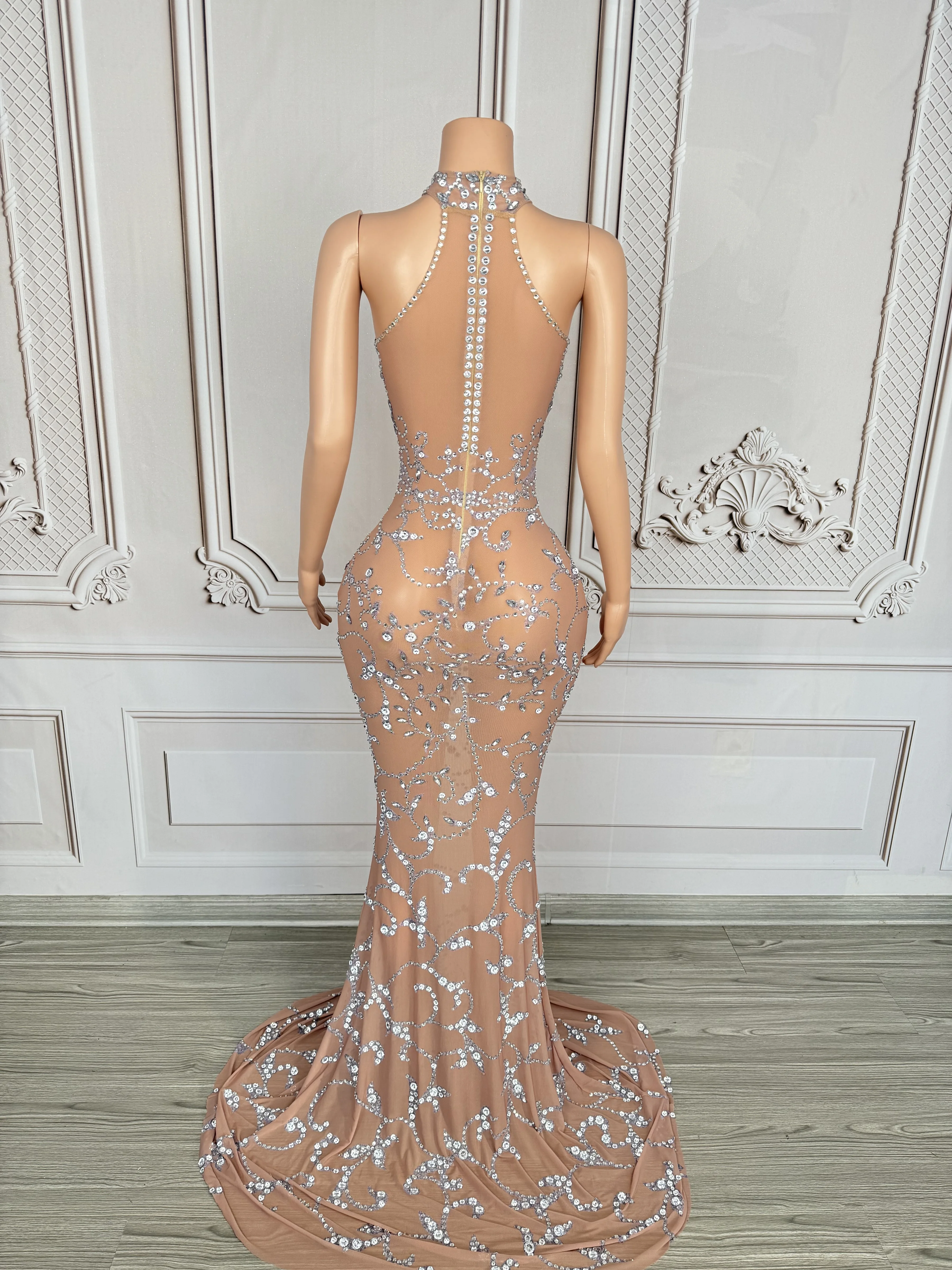 Women Sexy Hollow Out See Through Sheath Fishtail Luxury Diamond Long Dress Evening Party Club Performance Nightclub Stage Wear