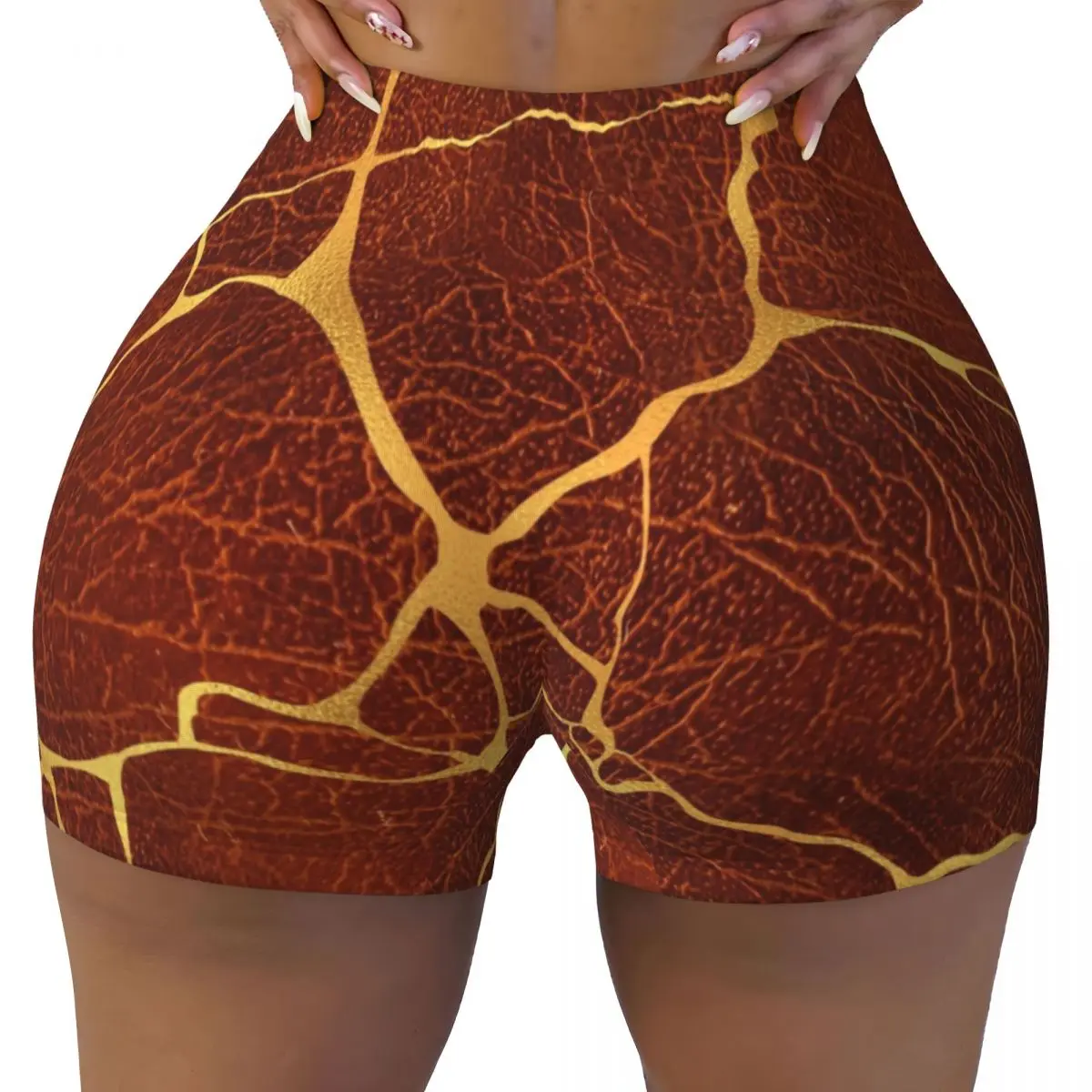

Custom Brown Leather Kintsugi Pattern Workout Shorts Women's Vintage Texture Gym Running Biker Yoga Shorts