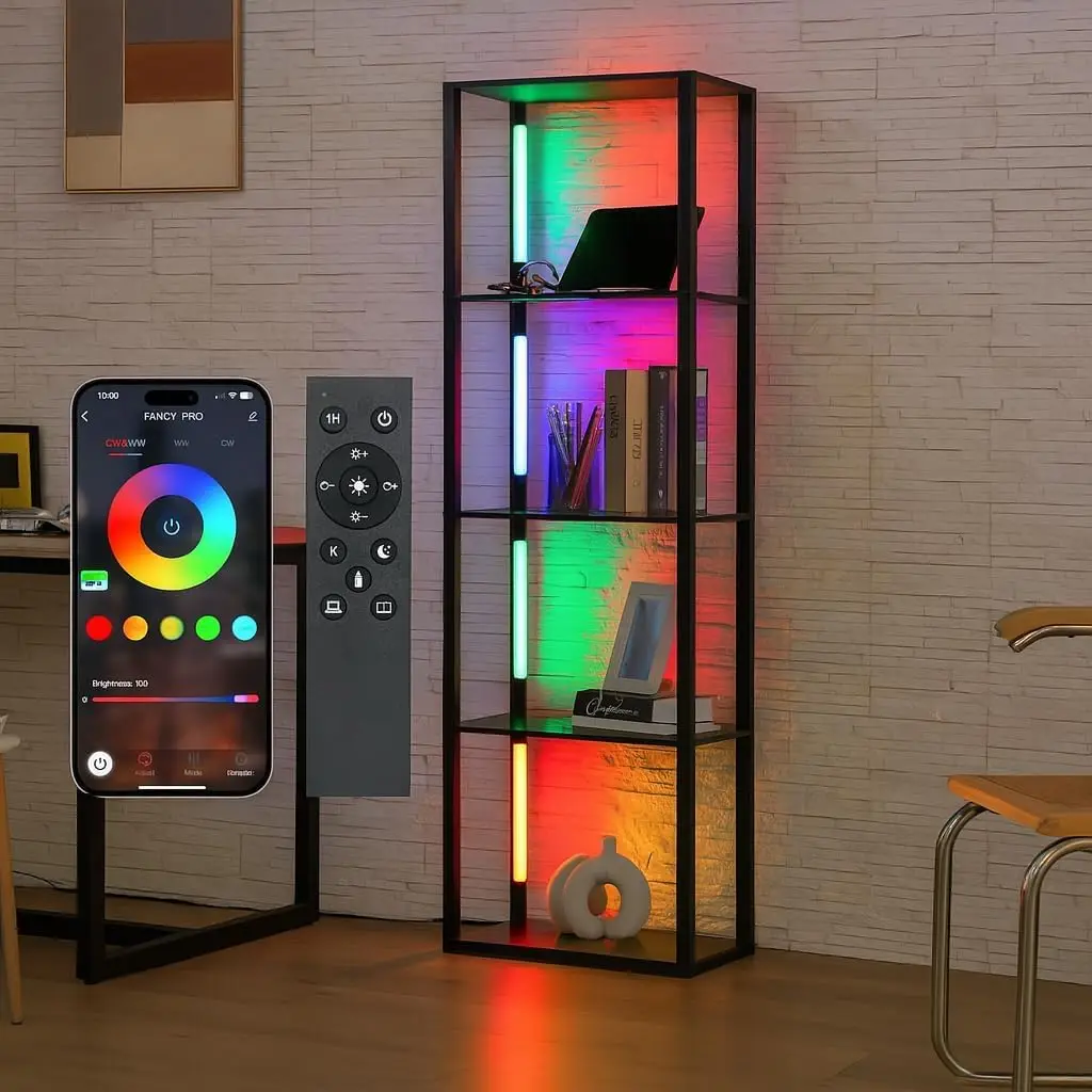 

Напольный светильник RGB с полками, регулируемой подсветкой для витрин, управлением цветовой температурой через приложение и пультом ДУ, ярким встроенным светодиодом