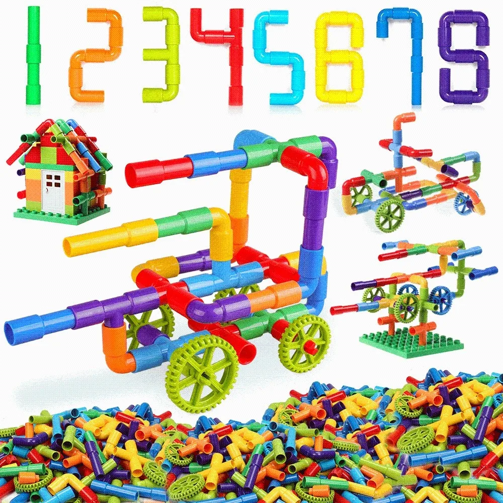 Diy blocos de construção de tubulação de água emenda tubos montagem design construção educacional plástico montessori blocos de construção
