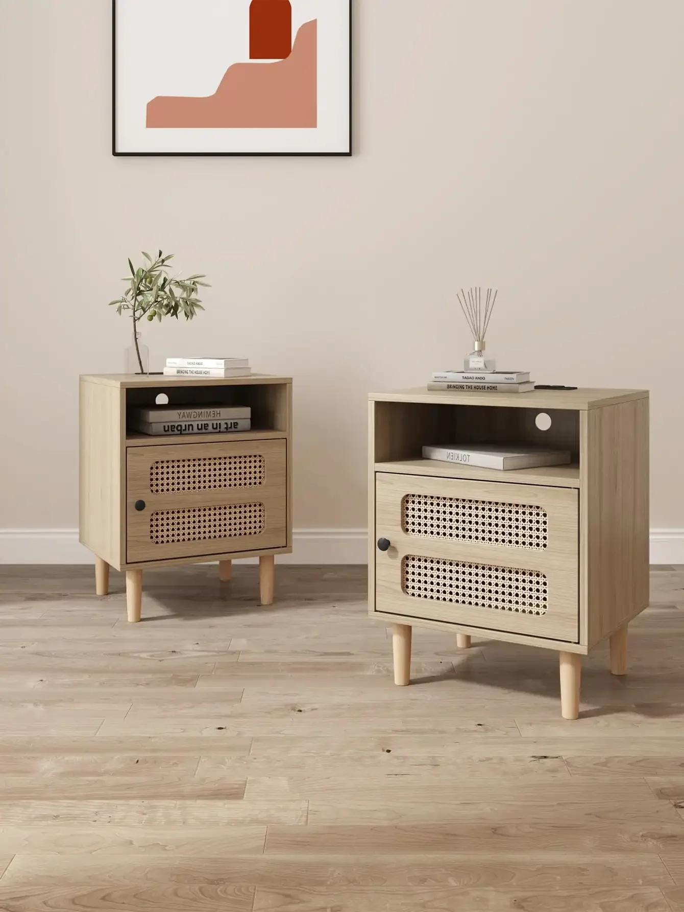 

Rattan Nightstand Set of 1/2 with Charging Station, Boho End Table, Side Table with USB Ports & Power Outlets,1 Storage